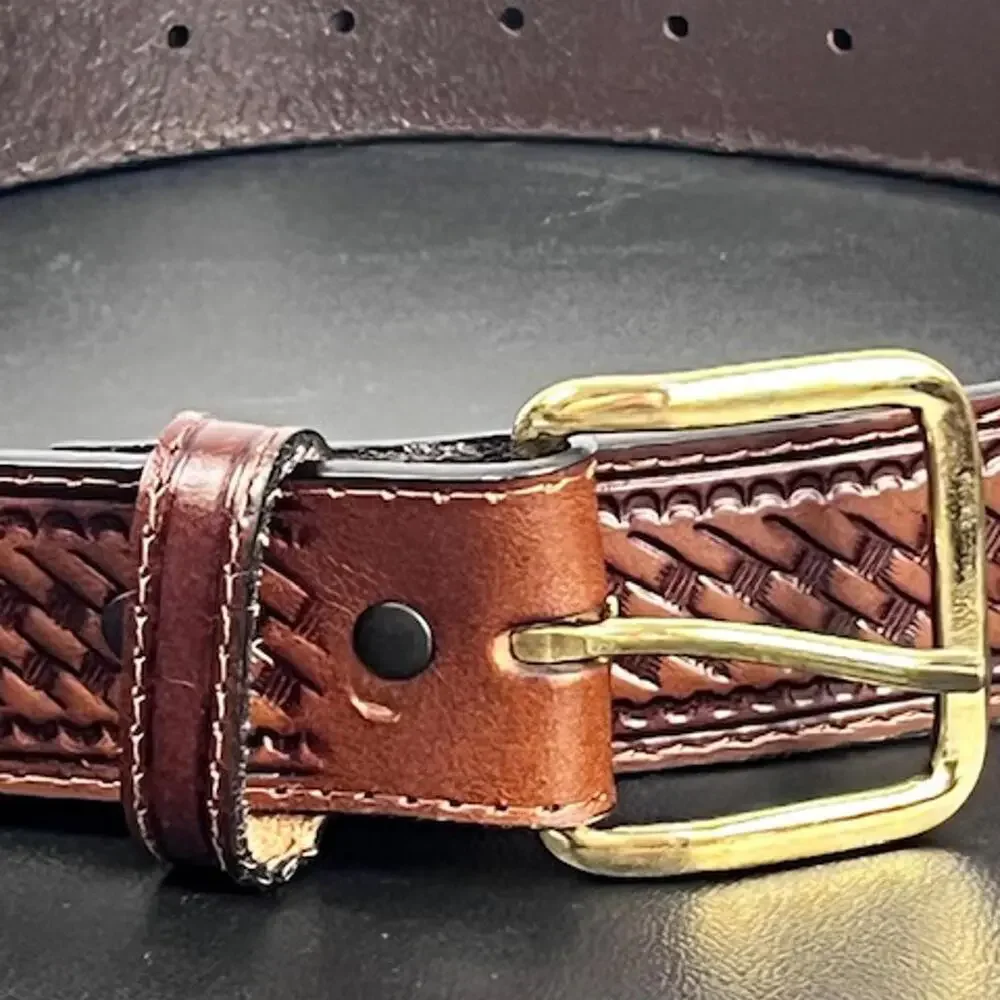 Schmidt Embossed Leather Belt with‎ Brass Gold Buckle Men's Sz 50